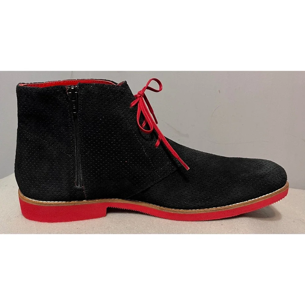 Girotti Mens Black Perforated Suede Red Sole Chukka Boots Side Zip Size READ